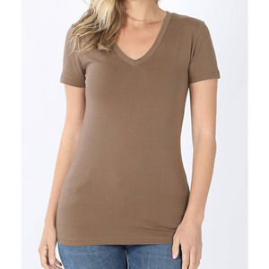 Women's Basic Cotton V-Neck Short Sleeve T-Shirt Soft Stretch Tee Mocha Brown, S